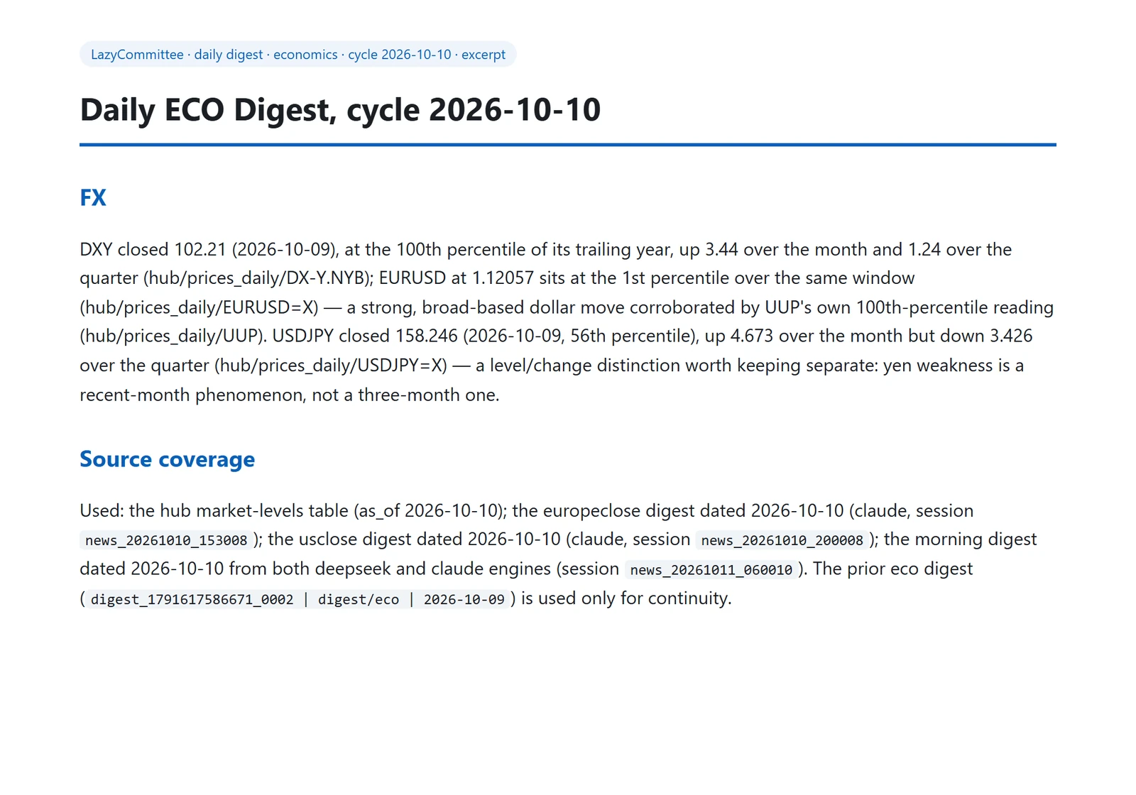 Real economics digest excerpt with dated values, percentiles, source references and a source list