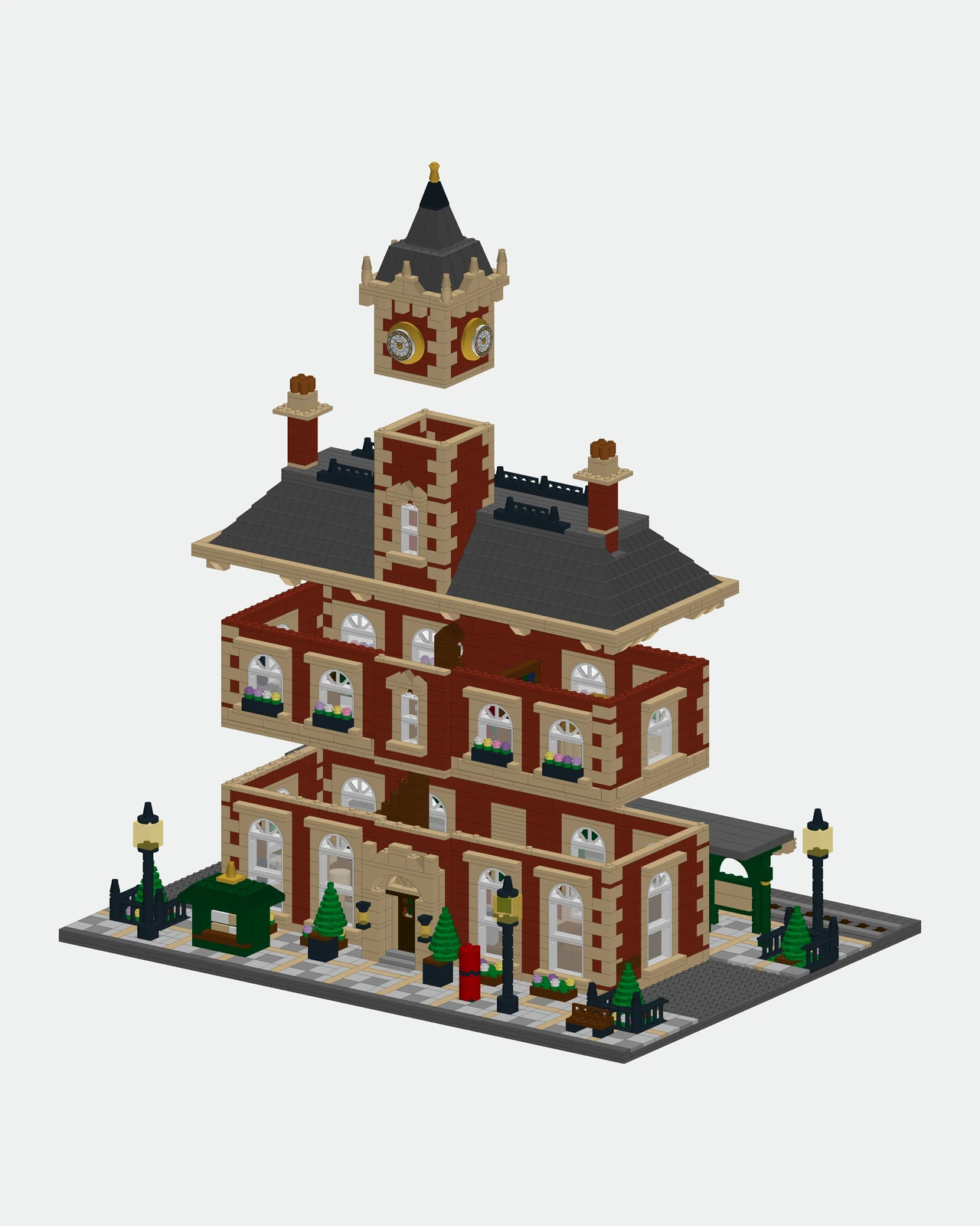 Exploded storeys of the station showing the tower, roof and two floors
