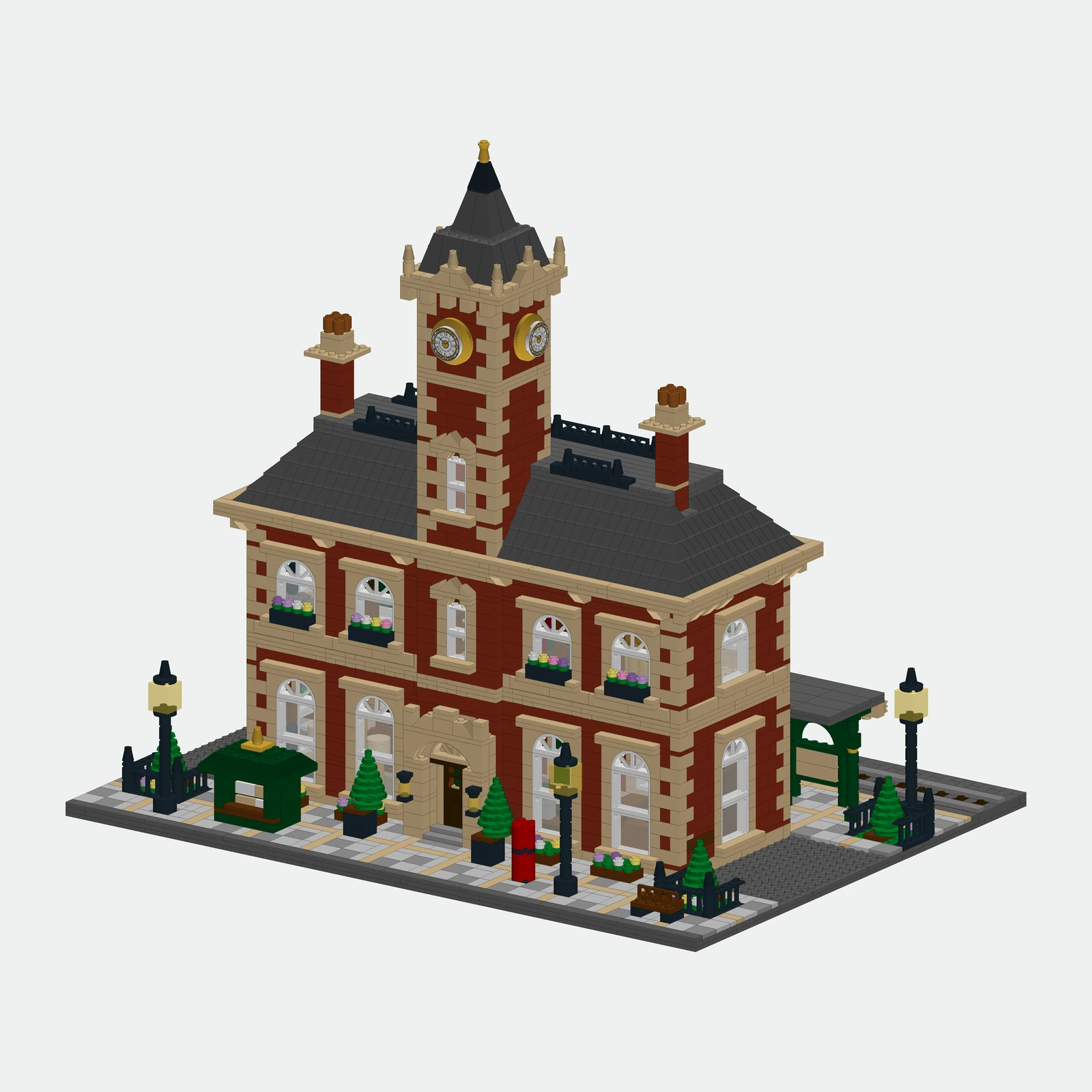 Front view of the Victorian station with clock tower and brick facade