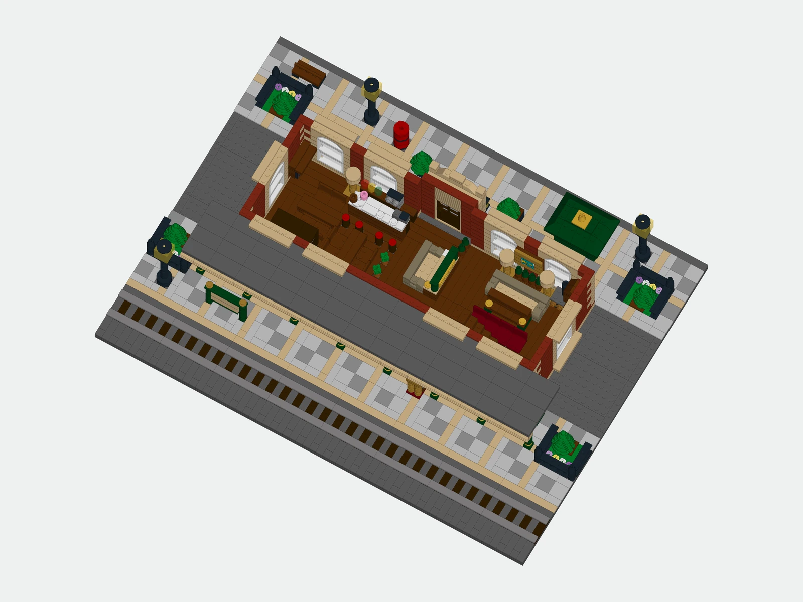 Station ground-floor interior with counter, seating and platform